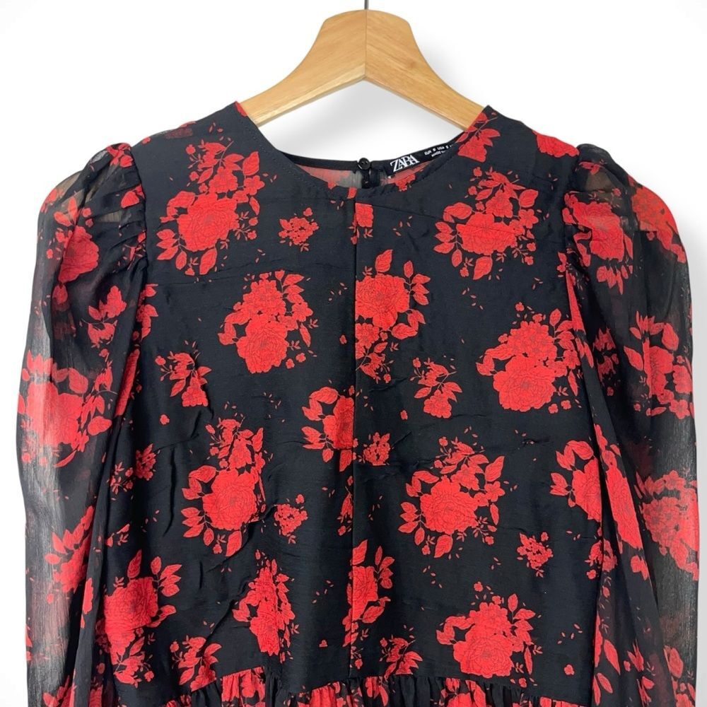 Zara Rose Floral Semi-Sheer Chiffon Puff Sleeve Peplum Blouse - Picture 9 of 12